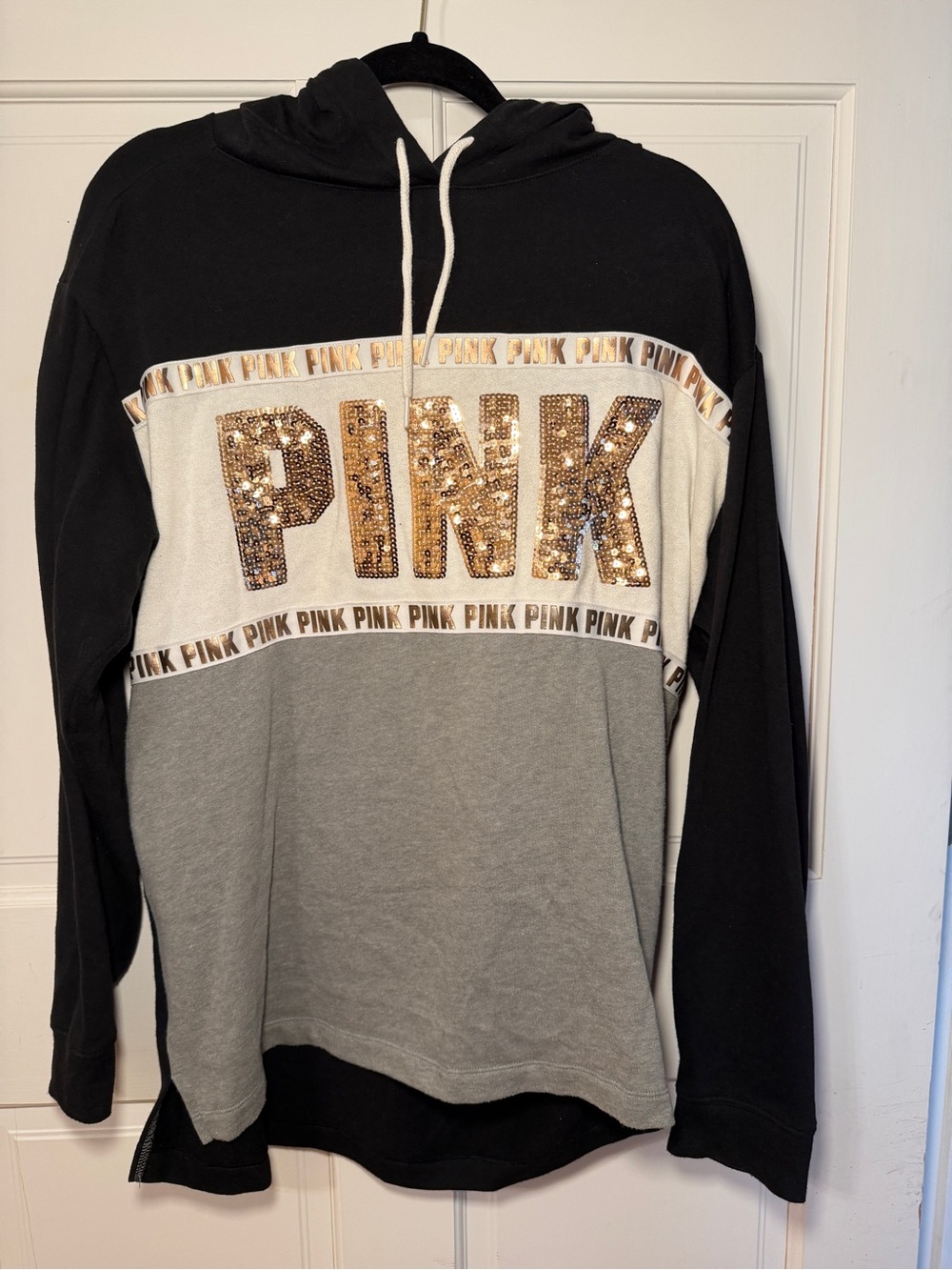 PINK Victoria's Secret Black Gray Cream Colorblock Hoodie with Gold Sequin Logo